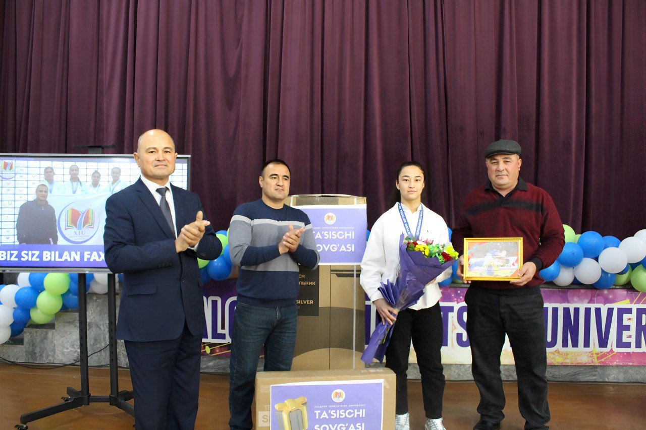 Awarding ceremony for Marjona Kuchimova, a student of the International Innovation University, who won the gold medal at the Judo Championship among adults of Uzbekistan